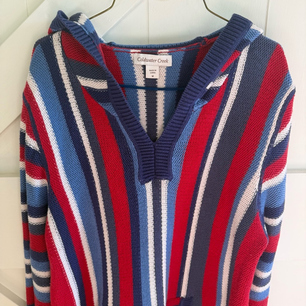 Coldwater Creek Striped V-Neck Hoodie Sweater Red, Blue, White Front Pocket Med.